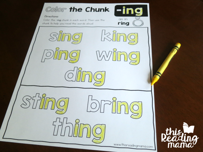 Color the Chunk -ing phonics page