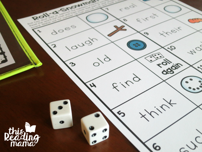 add or subtract dice on the snowman sight word game