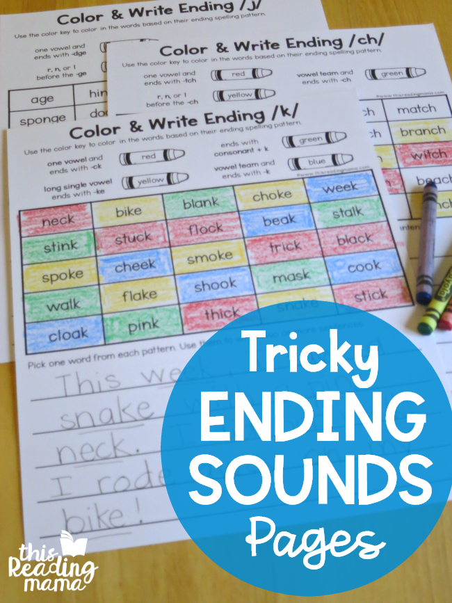 Tricky Ending Sounds Worksheets for dge, ge, tch, ch, ck, ke, and k - This Reading Mama