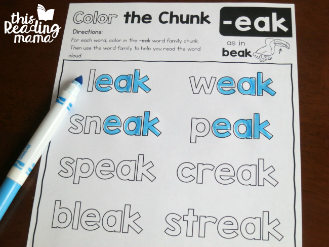 long e word families color the chunk for -eak