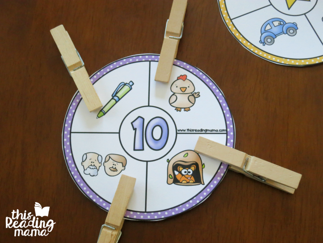 use clothes pins to clip the rhyming wheels