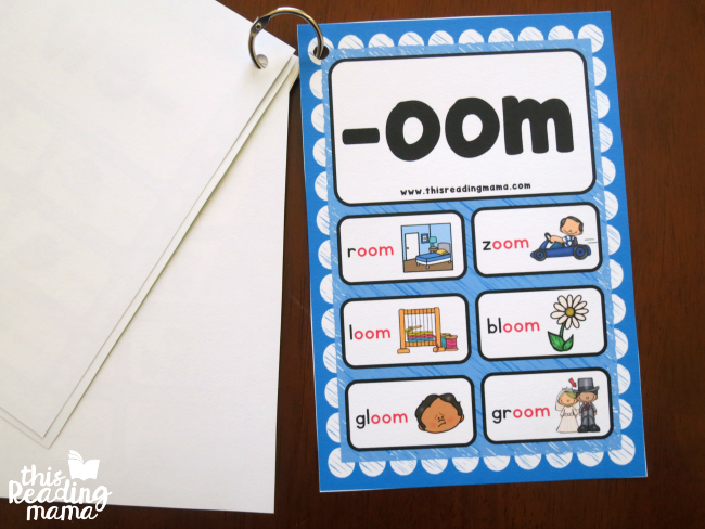 put the long vowel word family cards on a link to make a flip book