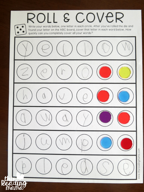 roll and cover spelling words game - cover extra spaces first