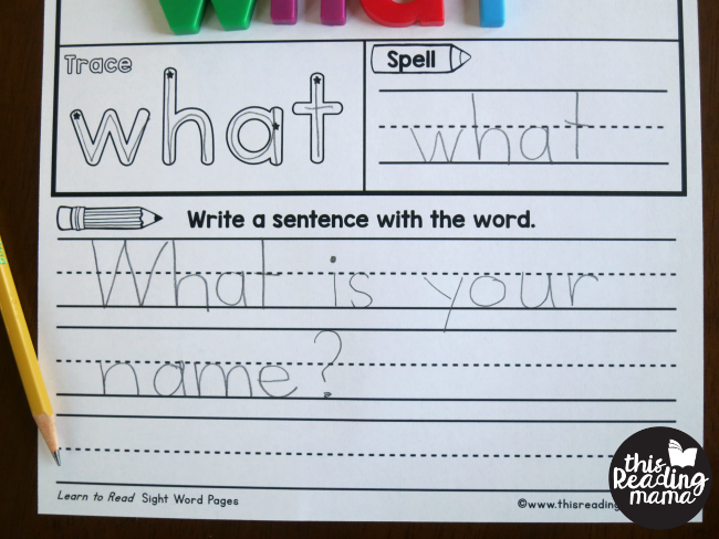 writing a sentence with the sight word on sight word activity pages