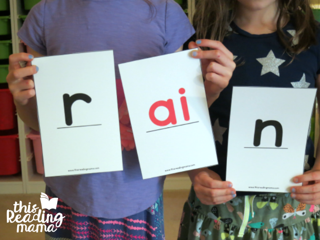 spelling "rain" with oversized digraph cards