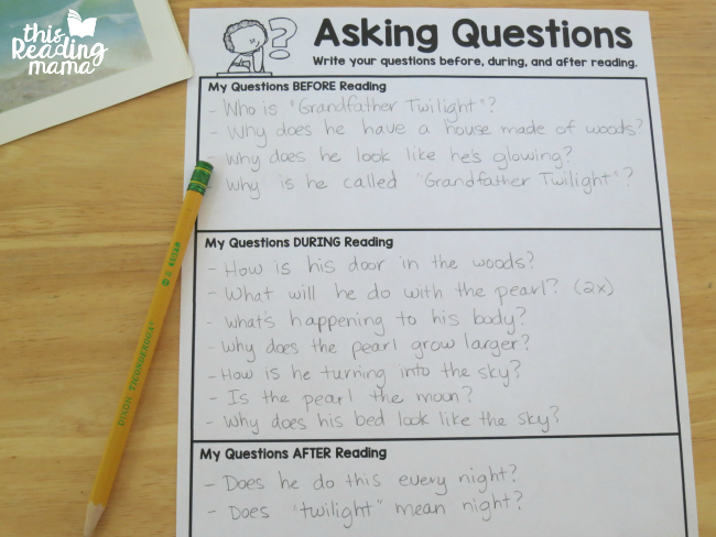 writing questions before, during, and after reading "Grandfather Twilight"