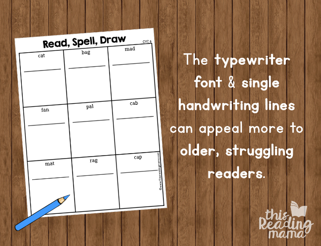 short vowel phonics pages with typewriter font and single handwriting lines