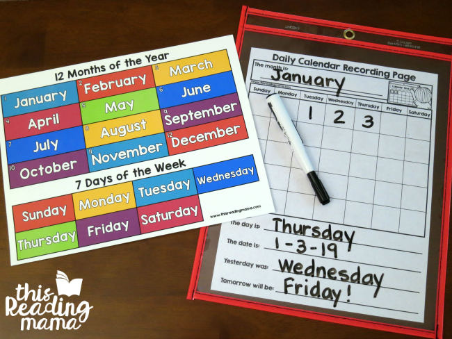 calendar vocabulary with months of the year chart and days of the week chart
