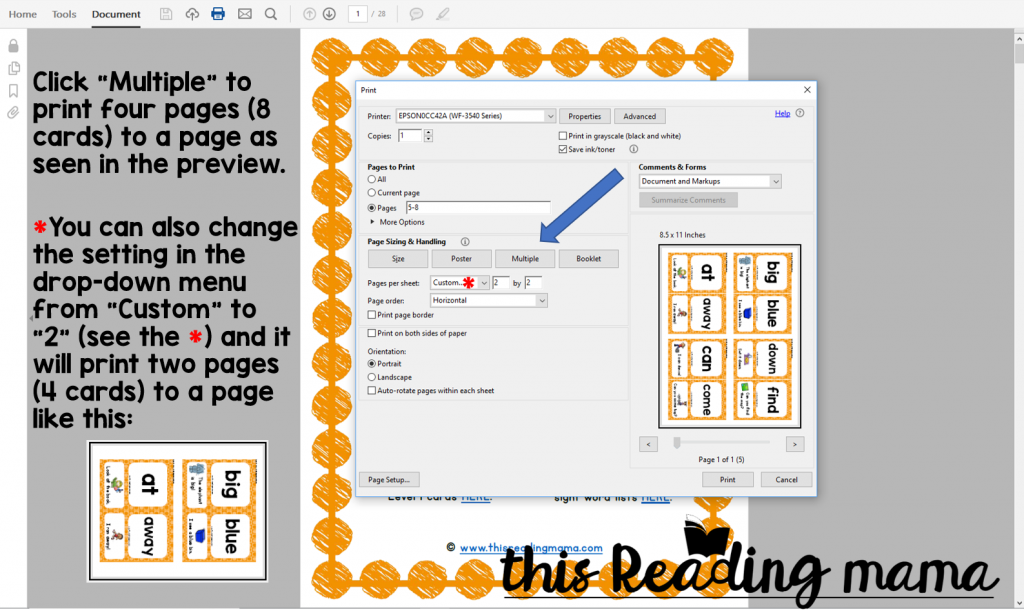 Click "Multiple" to print smaller sight word sentence cards