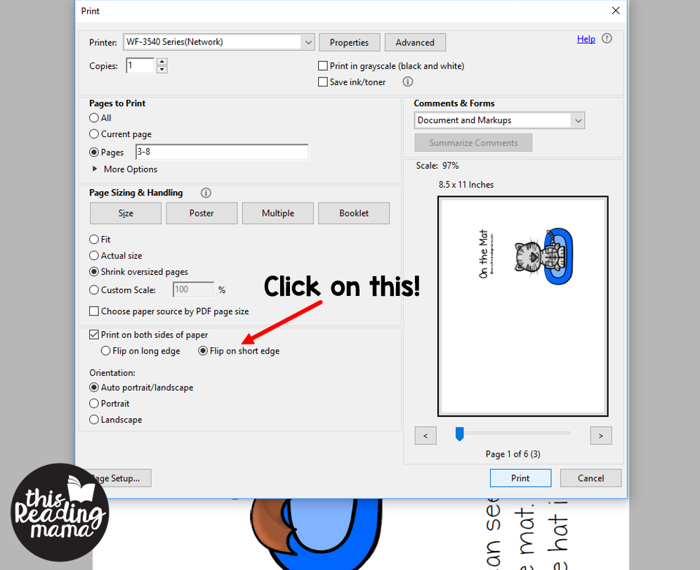 Print front to back with Adobe Reader - Click on "flip on short edge"