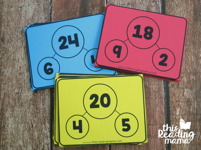 multiplication and division fact family cards - color coded