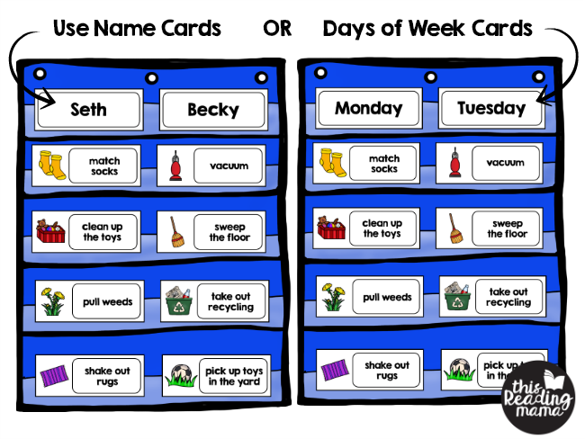 put visual chore cards in a wider pocket chart for multiple children