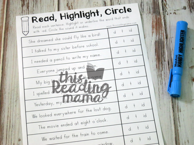 Read, Highlight, and Circle the three sounds of -ed page