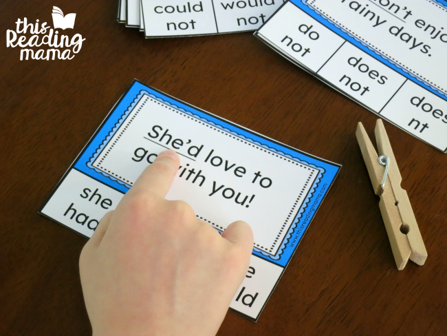 read the sentences on the contractions clip cards