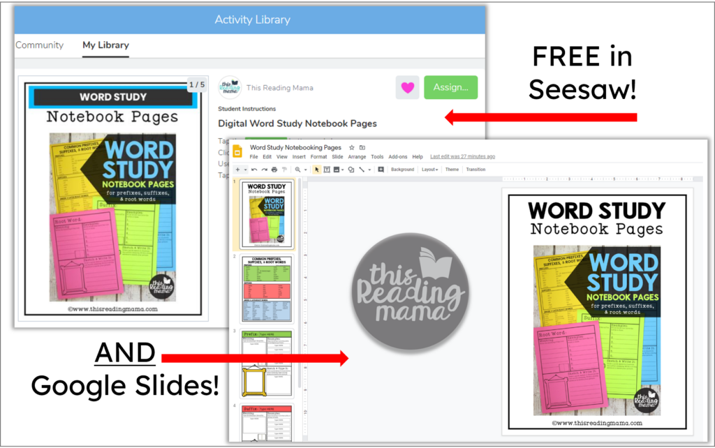 DIGITAL word study notebook pages for Seesaw and Google Slides