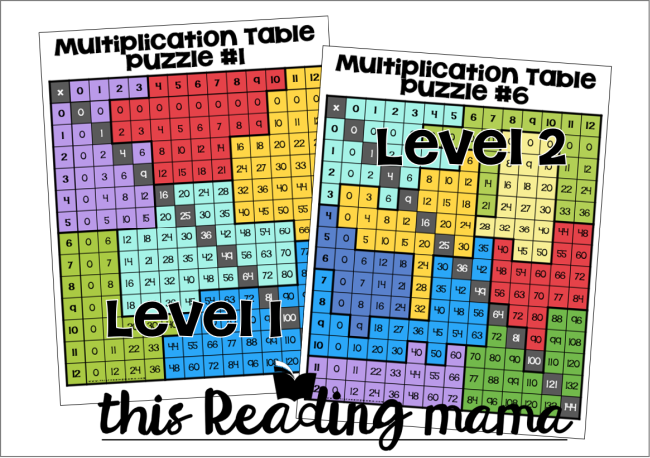 Multiplication Table Puzzles - Level 1 and Level 2 Examples
