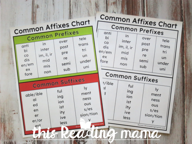 common affixes chart - comes in color and blackline