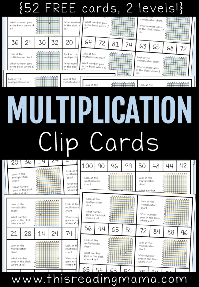 Multiplication Clip Cards - 52 free cards in 2 different levels This Reading Mama