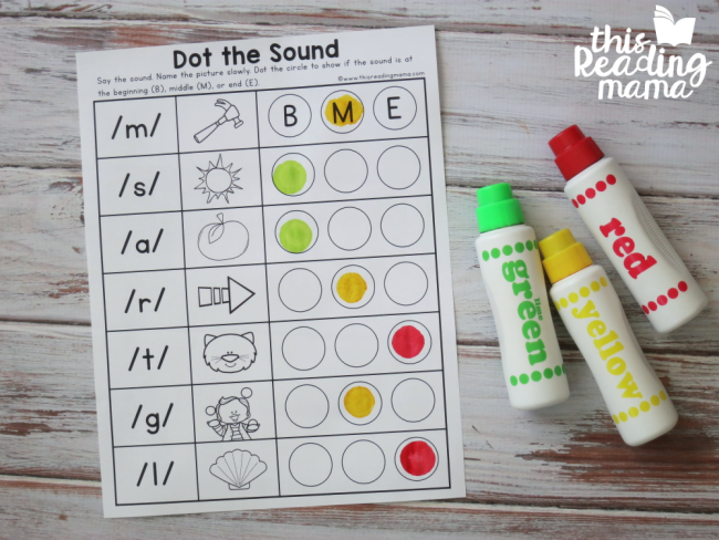 dot the beginning, middle, or ending phoneme