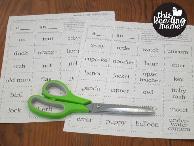 Article Word Sorts for A and AN - Two Sorts Included in the Free Download
